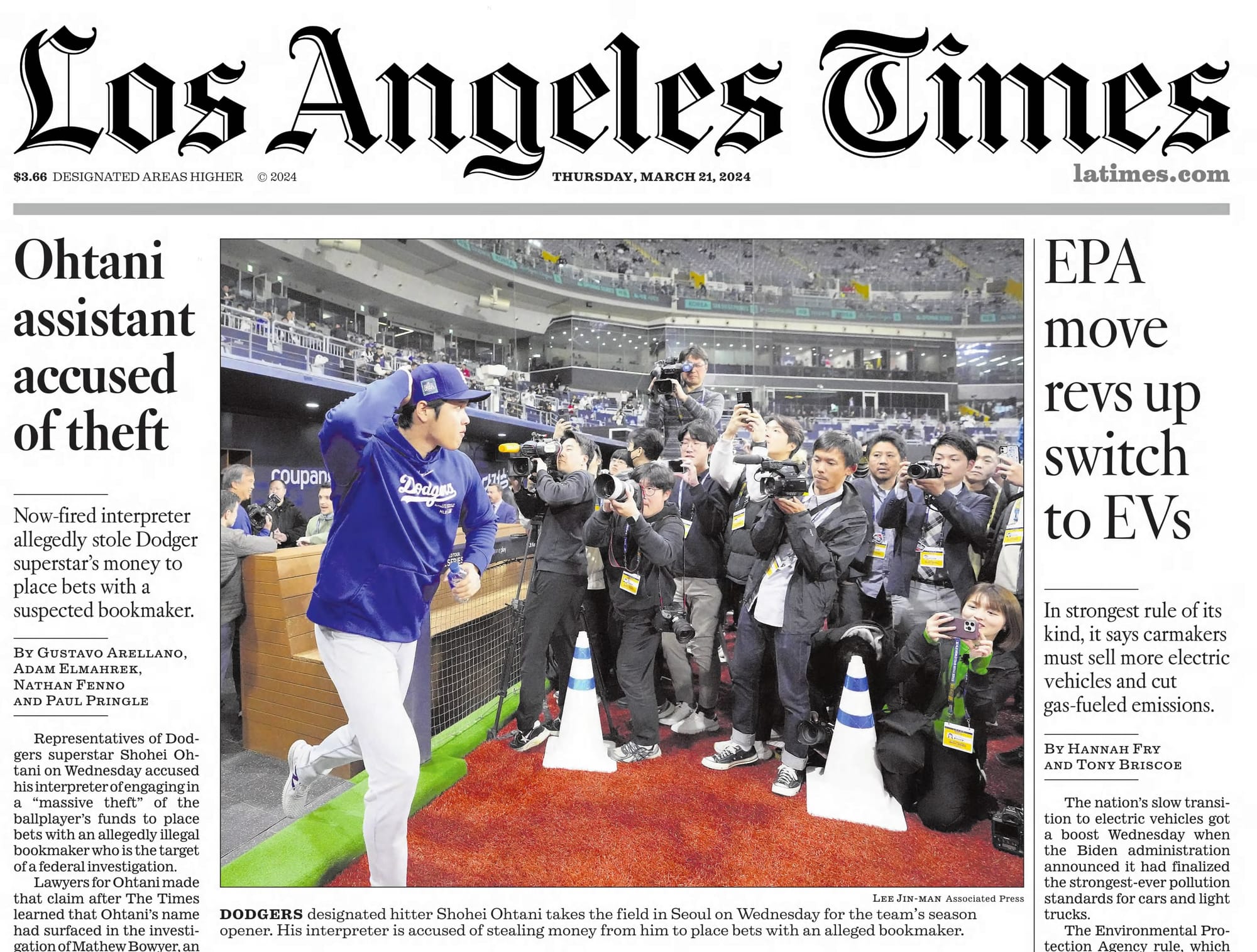 "Ohtani assistant accused of theft": the Los Angeles Times, March 21, 2024.