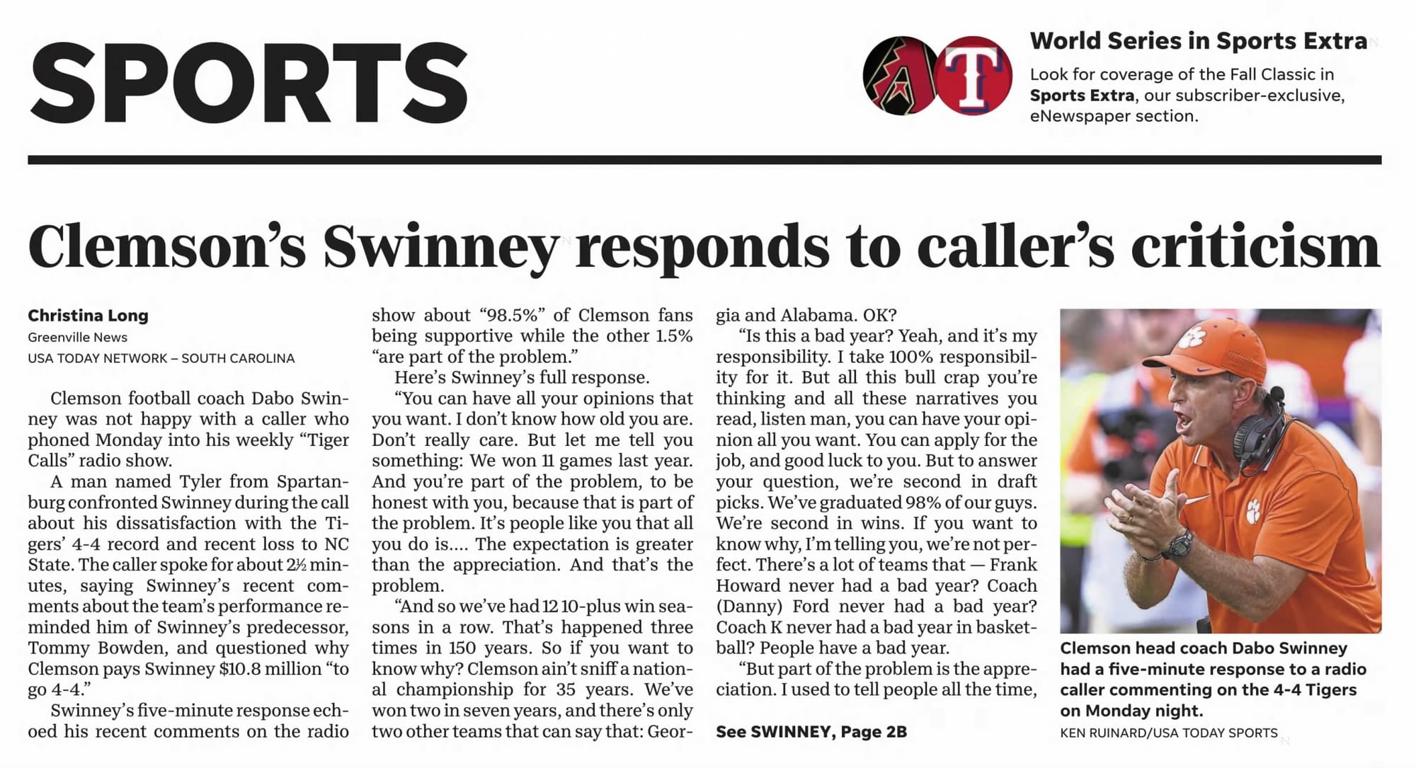 The Spartanburg Herald-Journal, hometown paper of "Tyler from Spartanburg," Nov. 1, 2023.