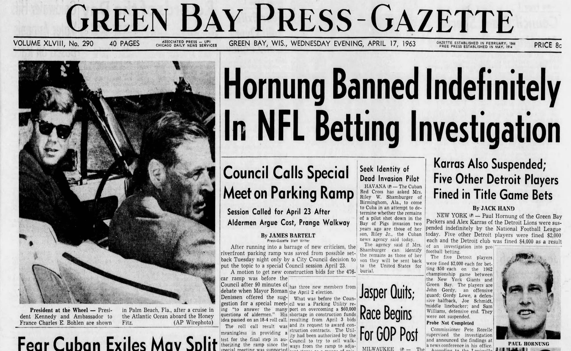 "Hornung Banned Indefinitely in NFL Betting Investigation": the Green Bay Press-Gazette, April 17, 1963.