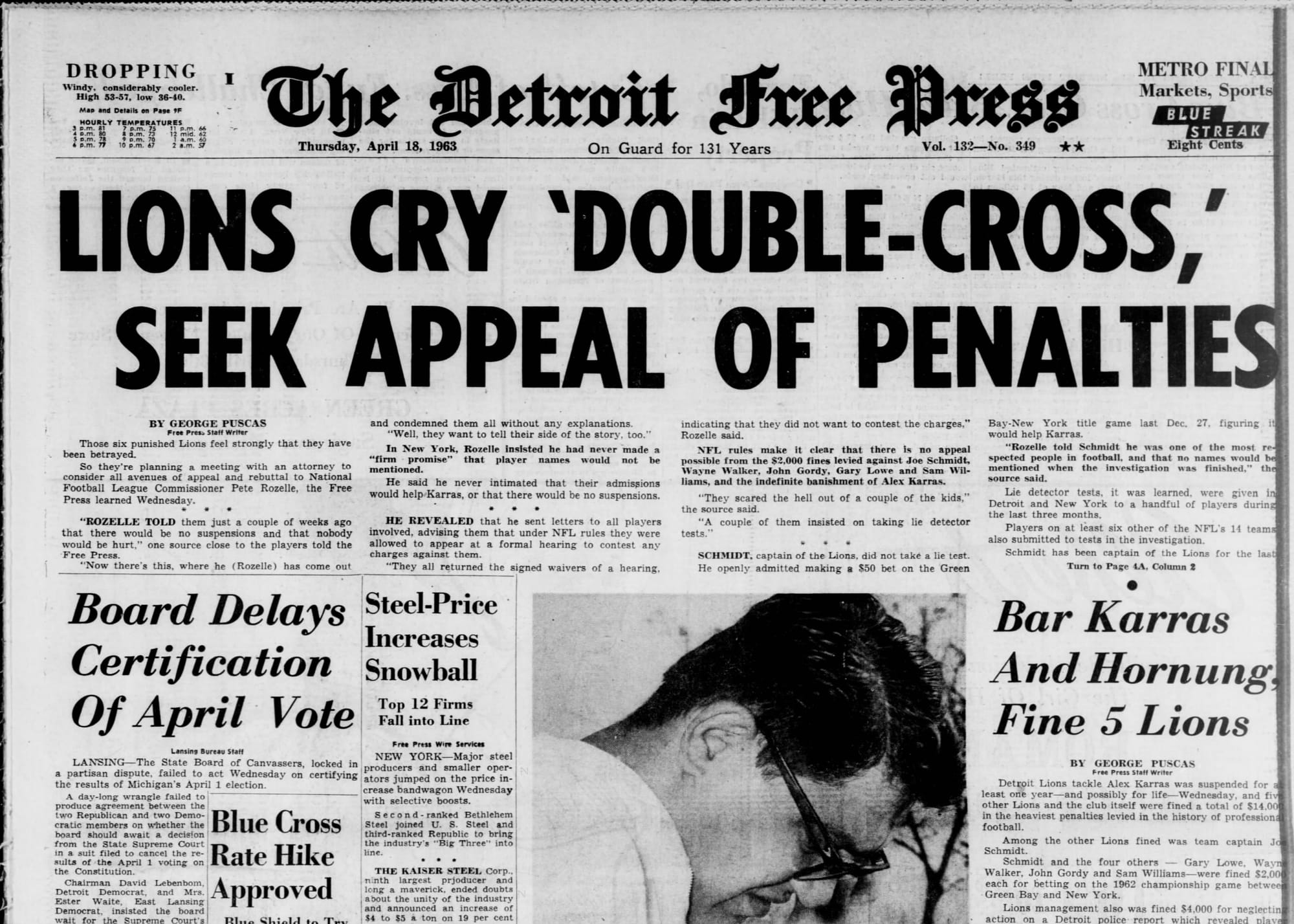 "LIONS CRY 'DOUBLE-CROSS,' SEEK APPEAL OF PENALTIES": the Detroit Free Press, April 18, 1963.