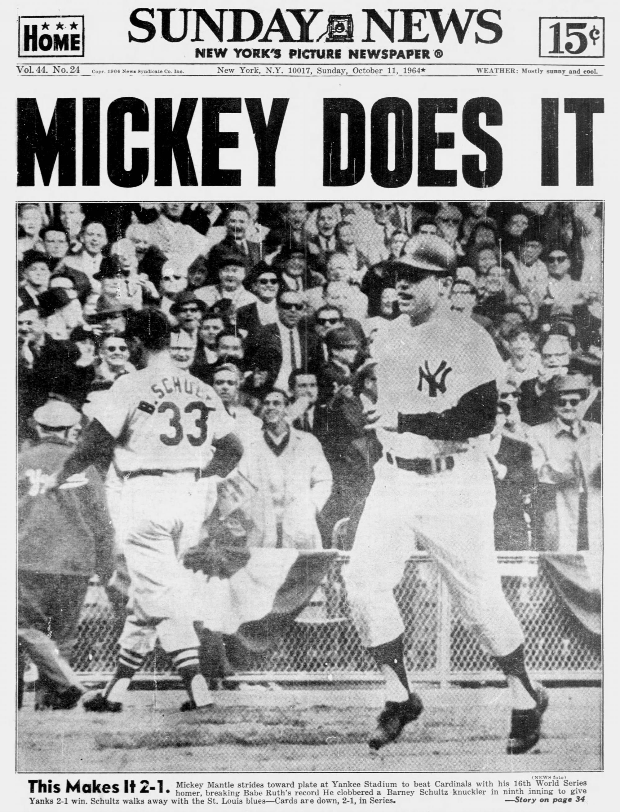 "MICKEY DOES IT": Mantle heads for home as Barney Schultz (33) walks off, in the New York Sunday News, Oct. 11, 1964.
