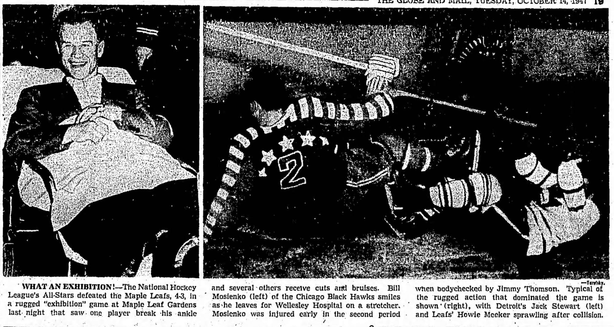 Mosienko leaves the ice on a stretcher (left), and a pileup in front of the net (right), in the Globe and Mail, Oct. 14, 1947.