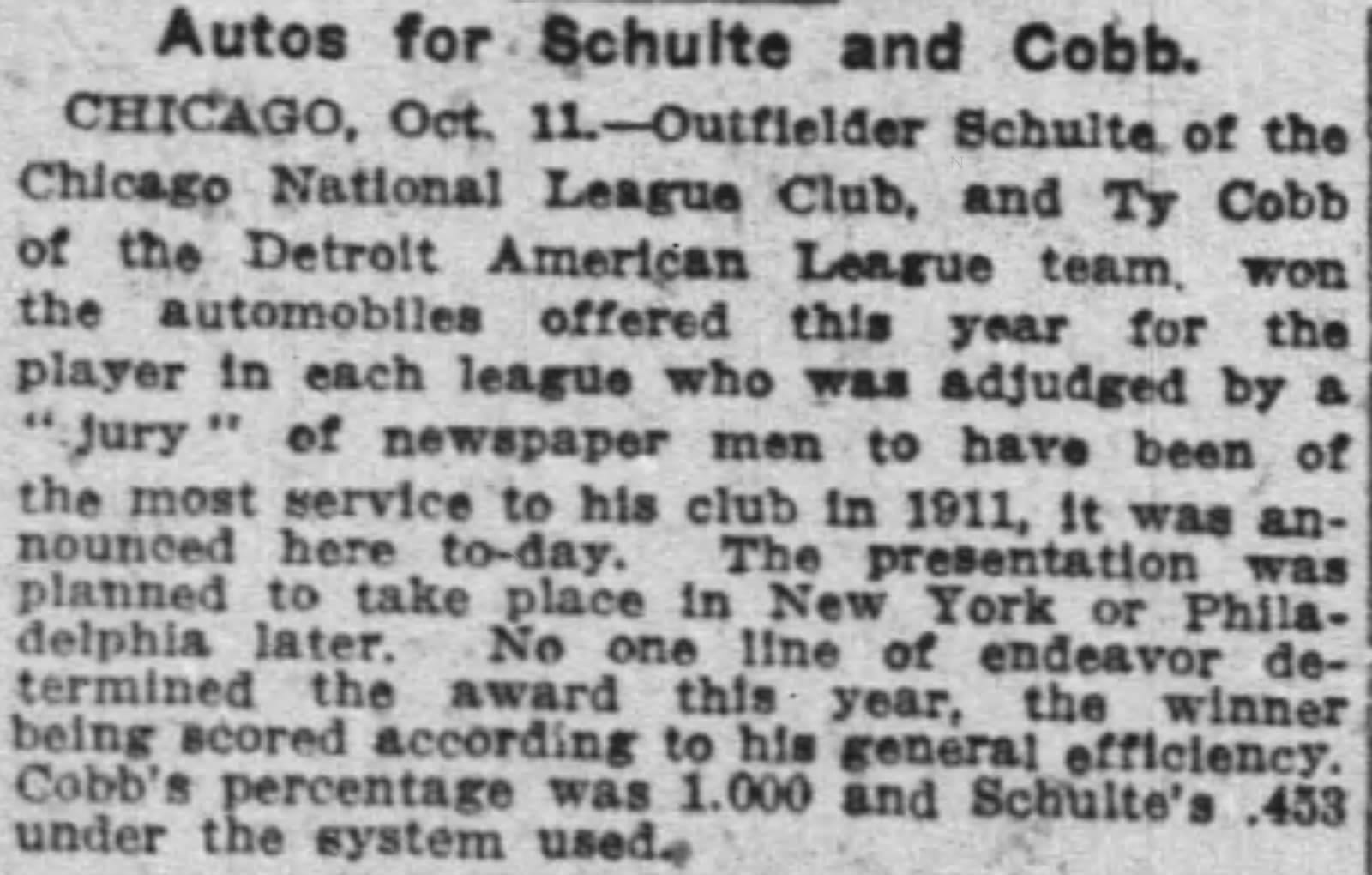 The New York Times, Oct. 12, 1911. Cobb's "percentage" was a perfect 1.000; Schulte's was .453.