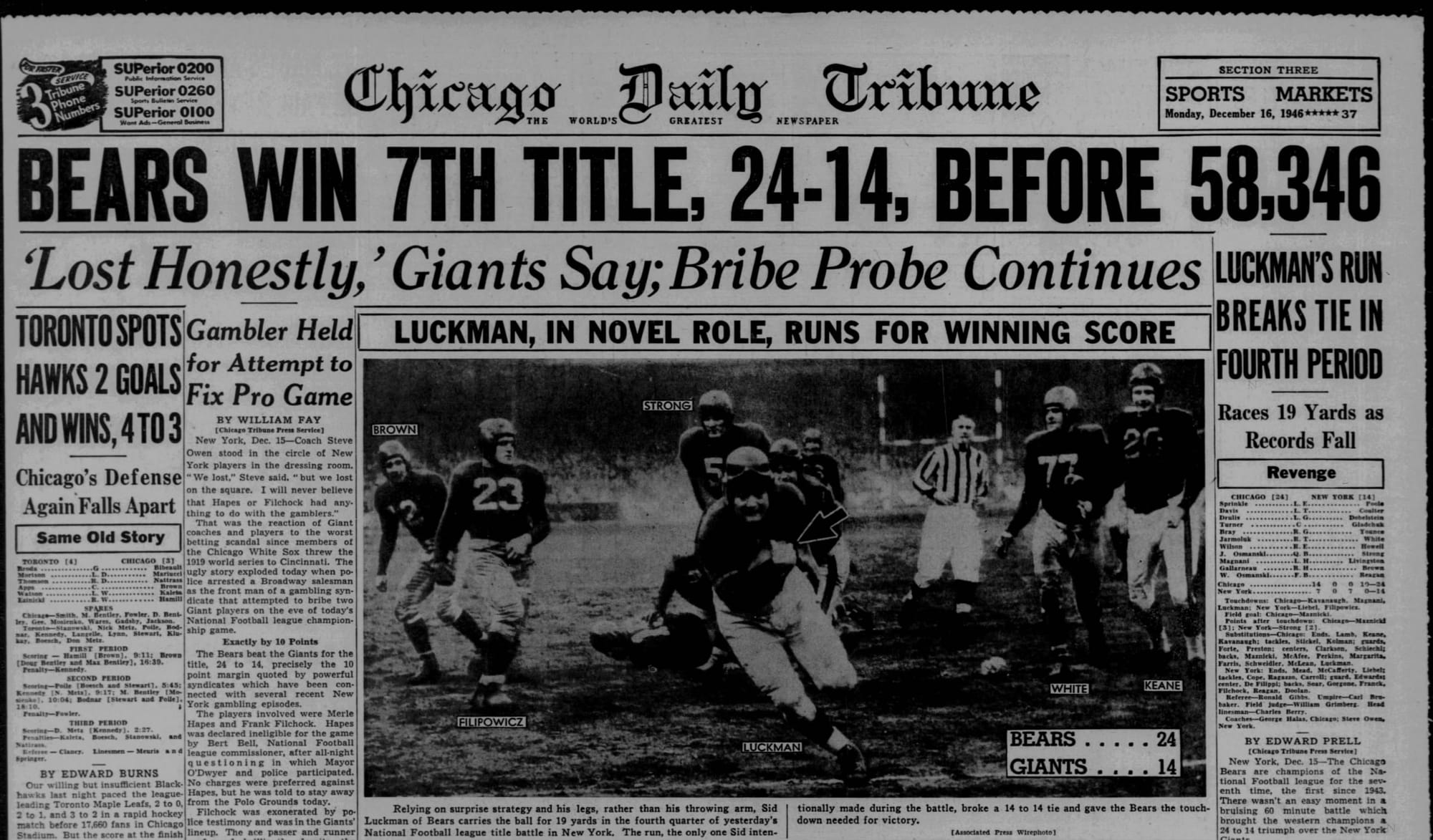 "BEARS WIN 7TH TITLE, 24-14, BEFORE 58,346": the Chicago Tribune sports front, Dec. 16, 1946.