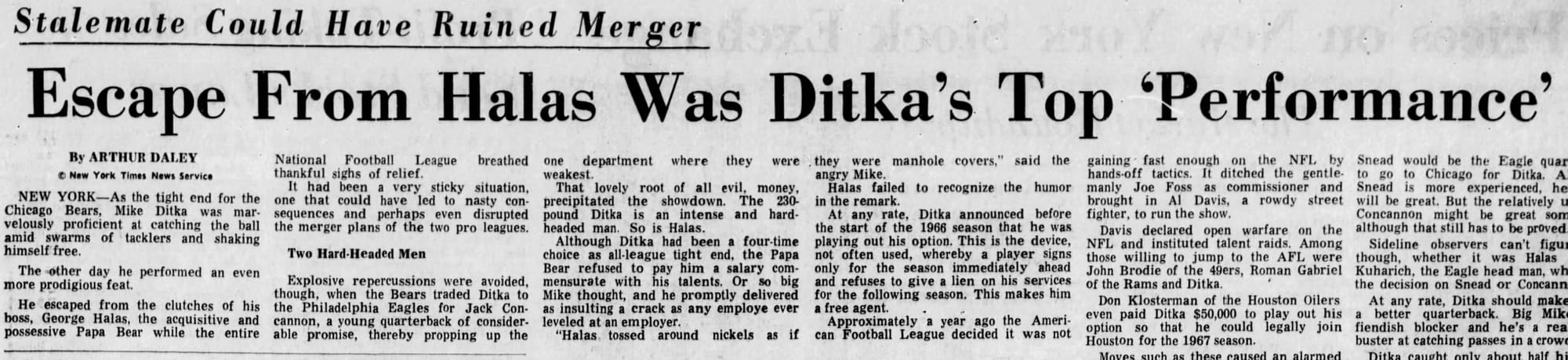 The Courier-Journal, May 2, 1967: Arthur Daley's column on Ditka's escape from Halas.