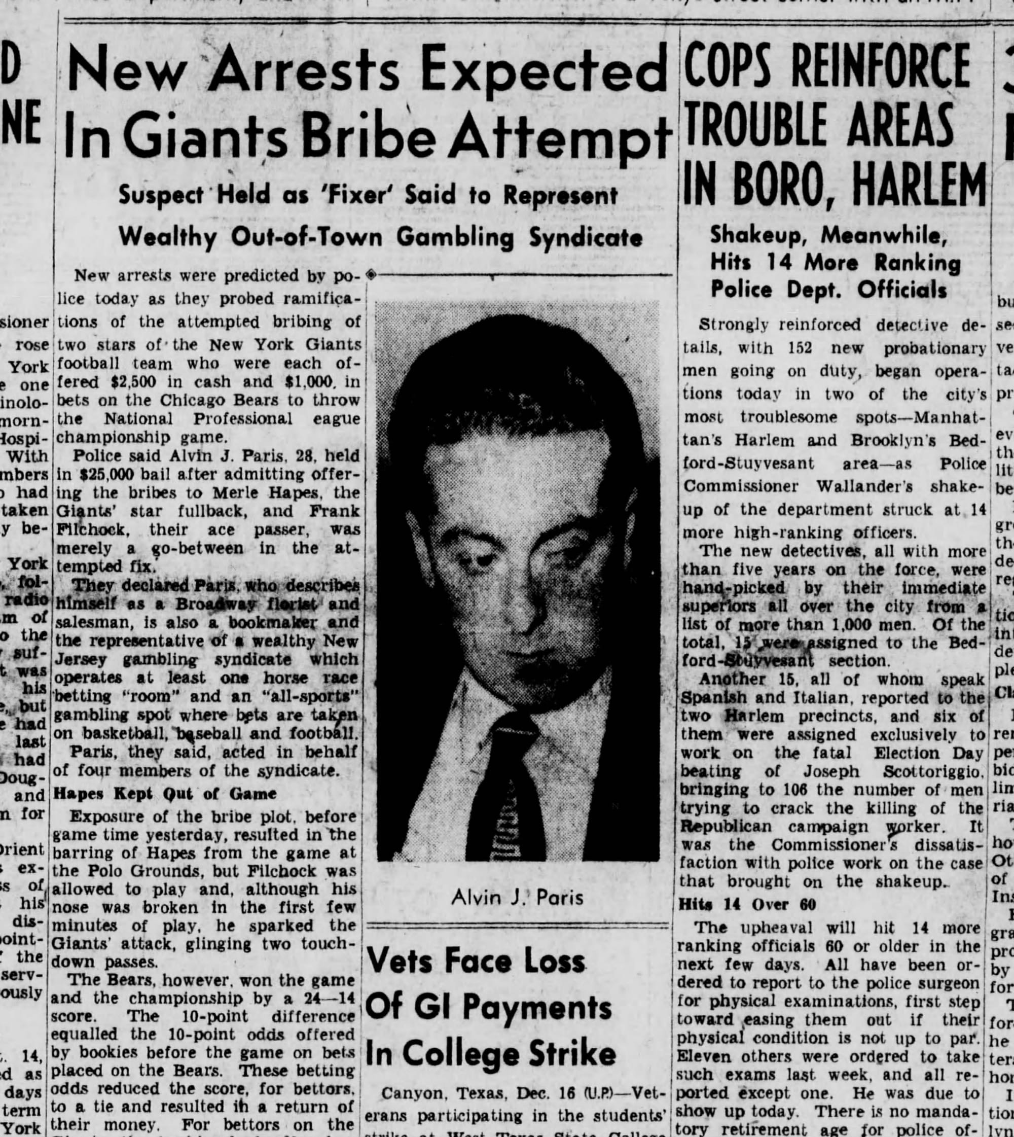 "New Arrests Expected in Giants Bribe Attempt": the Brooklyn Eagle, Dec. 16, 1946. The photo is the accused fixer, Alvin Paris.