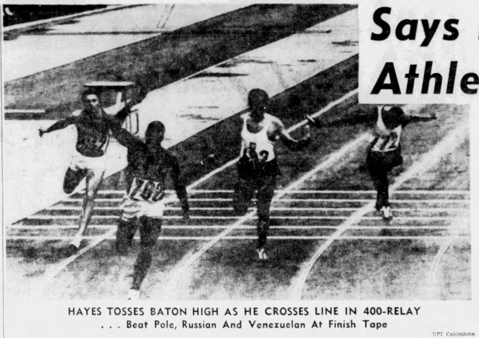 Jacksonville Journal, Oct. 21, 1964: Hayes crosses the line in the 400-meter relay.