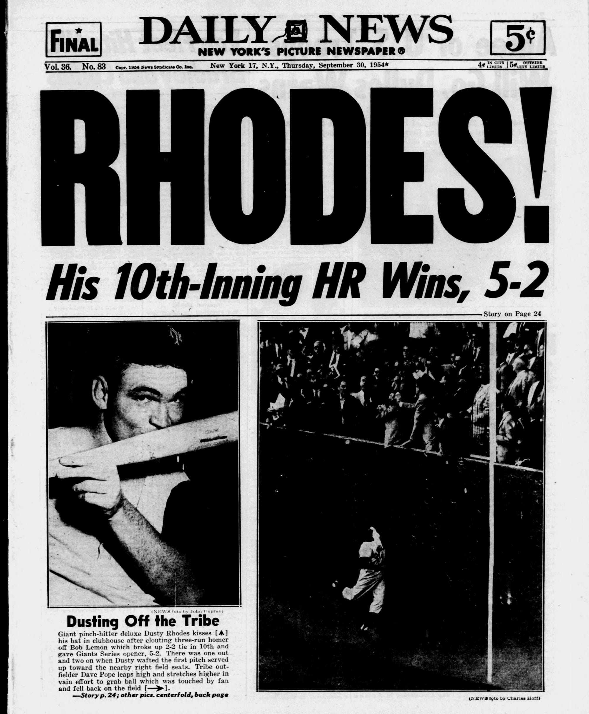 "RHODES!" The New York Daily News, Sept. 30, 1954.