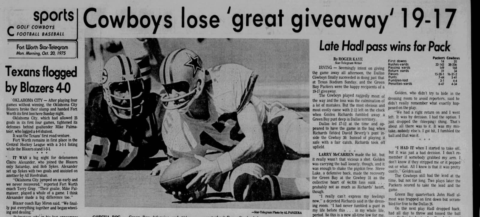 Fort Worth Star-Telegram, October 20, 1975: “Cowboys lose ‘great giveaway’ 19-17.” The last time Dallas lost at home to a winless team, until Thursday.