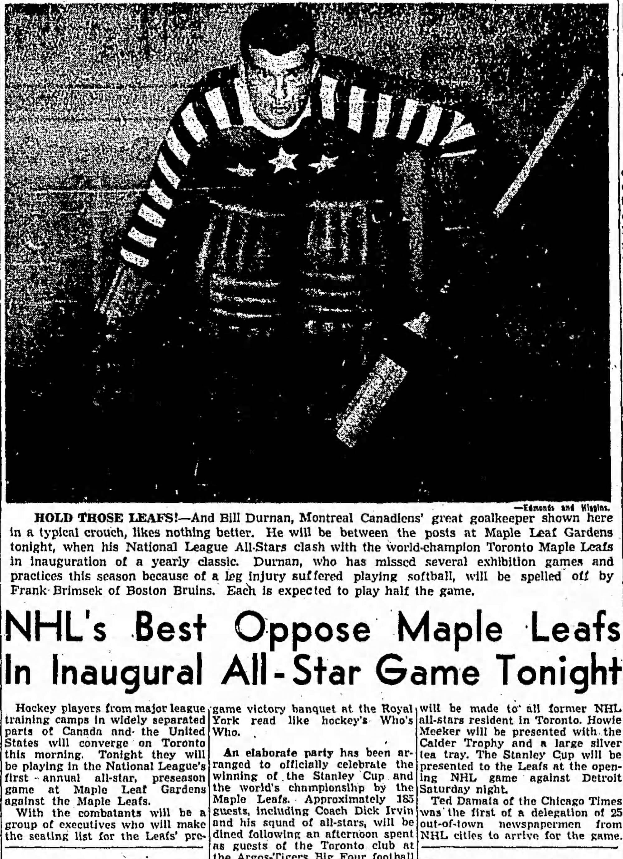 Game day in the Globe and Mail, Oct. 13, 1947, with Bill Durnan in the All-Stars' striped, star-covered sweater.