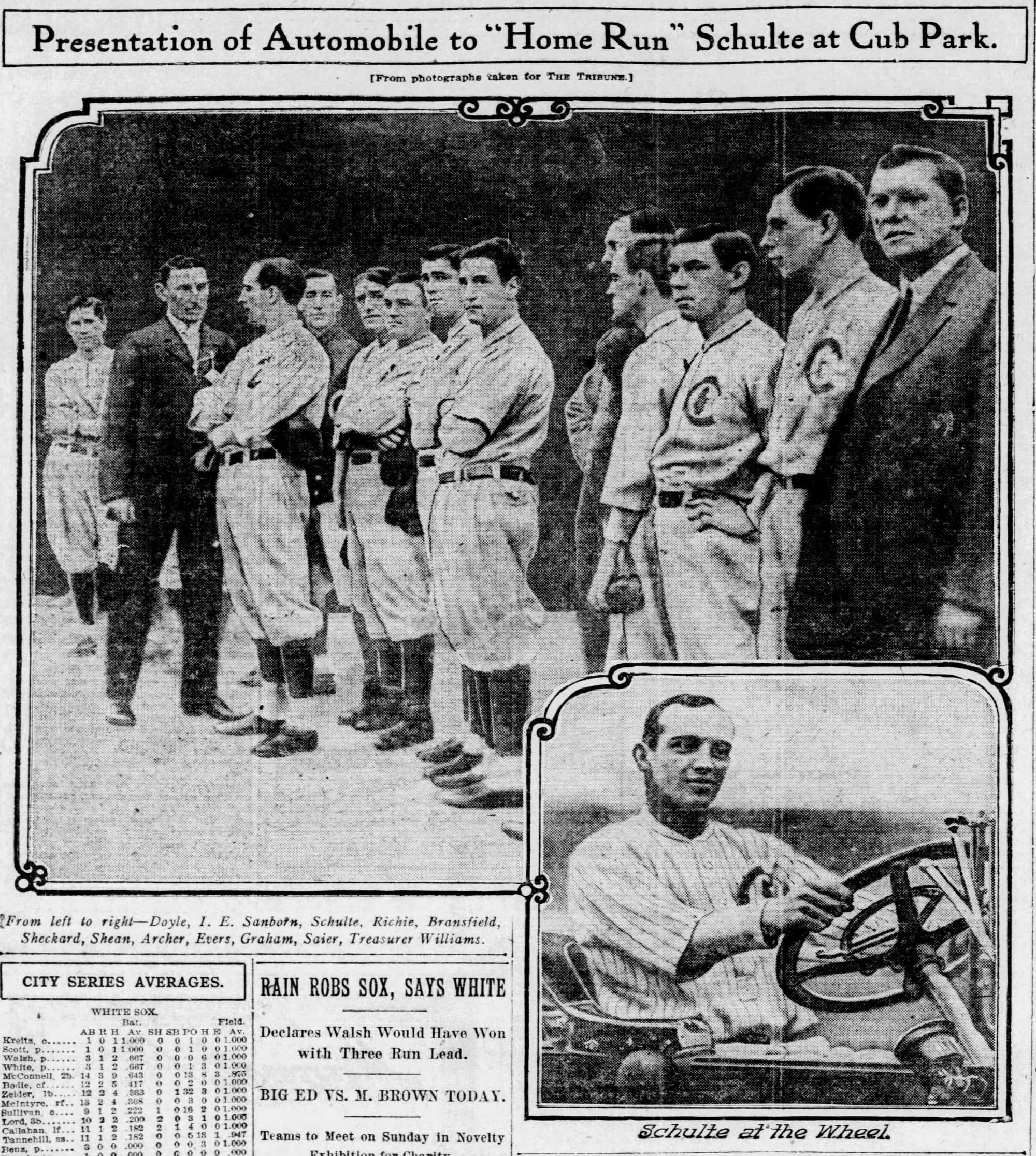 Chicago Tribune, Oct. 17, 1911: the presentation to "Home Run" Schulte, and Schulte at the wheel.