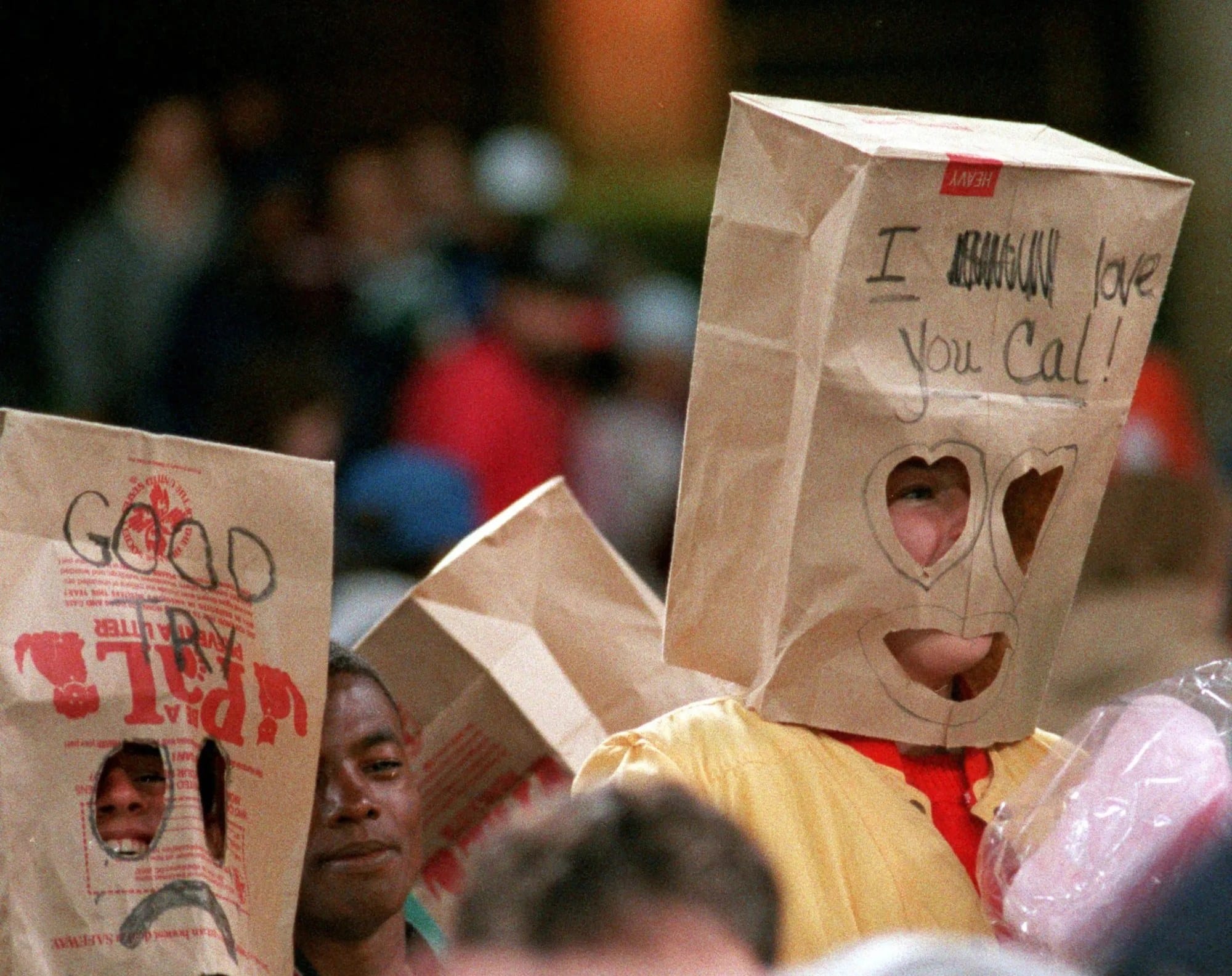 Orioles fans in paper bags at Memorial Stadium, 1988.