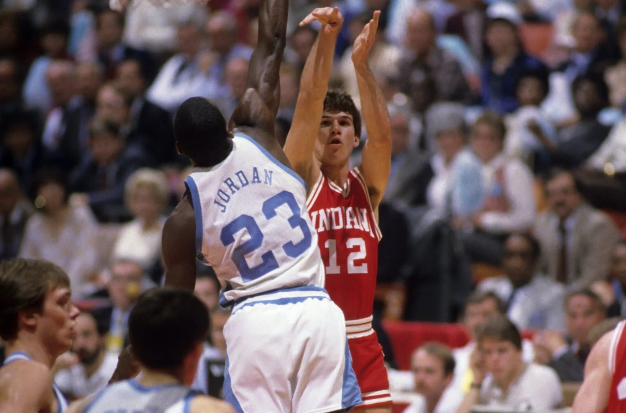 Michael Jordan shoots over Indiana's Steve Alford in the 1984 Sweet 16.