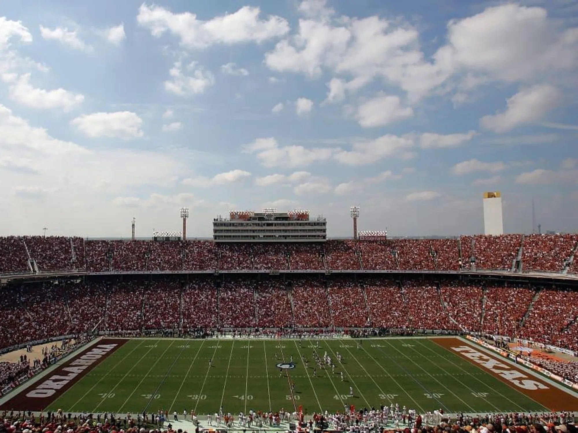 The Cotton Bowl, split down the 50 between burnt orange and crimson.