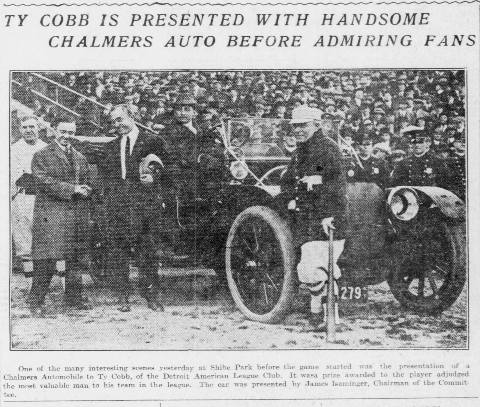 Philadelphia Inquirer, Oct. 25, 1911: Cobb's Chalmers at Shibe Park, presented by James Isaminger of the Chalmers committee.