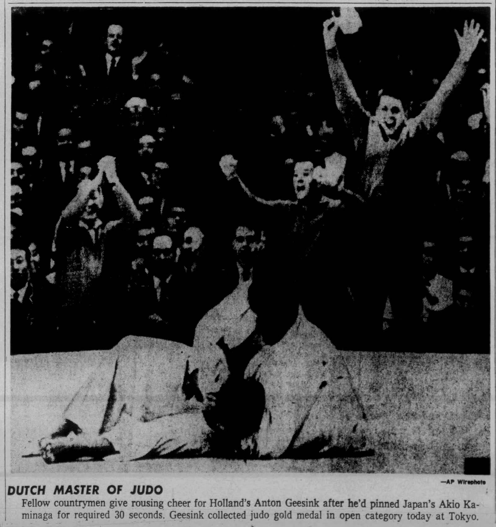 Long Beach Press-Telegram, Oct. 23, 1964: Dutch fans cheer after Geesink pins Kaminaga.