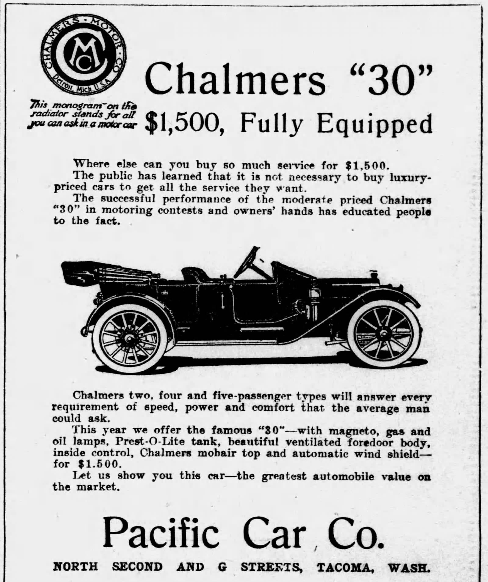 The car that started it all: a Chalmers "30" ad, $1,500 "fully equipped," from the Tacoma Daily Ledger, Oct. 15, 1911.
