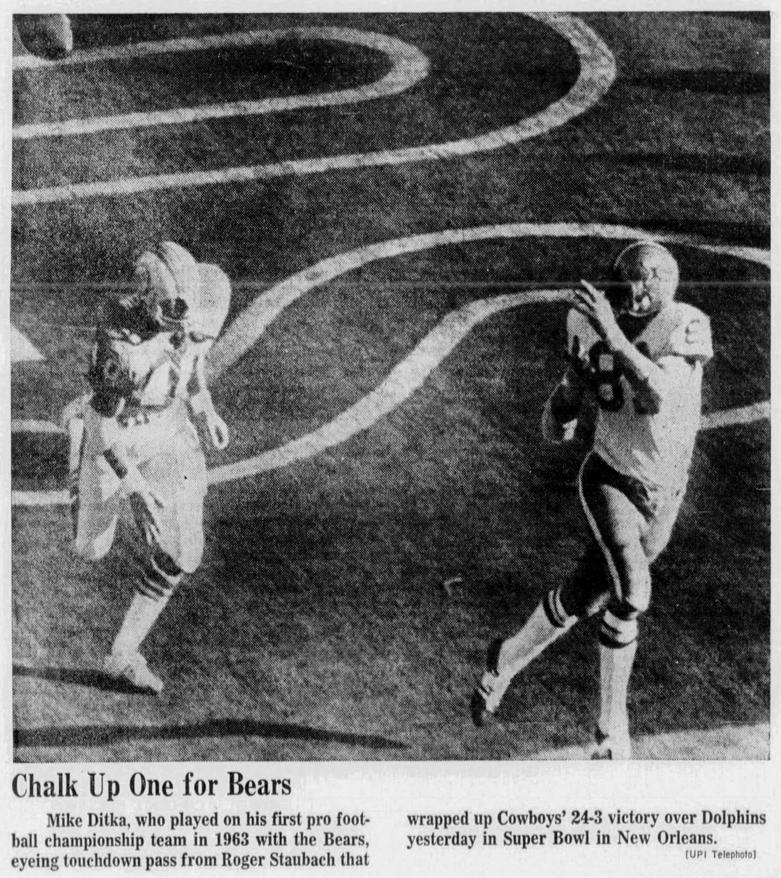 Chicago Tribune, Jan. 17, 1972: Ditka's Super Bowl VI touchdown catch.