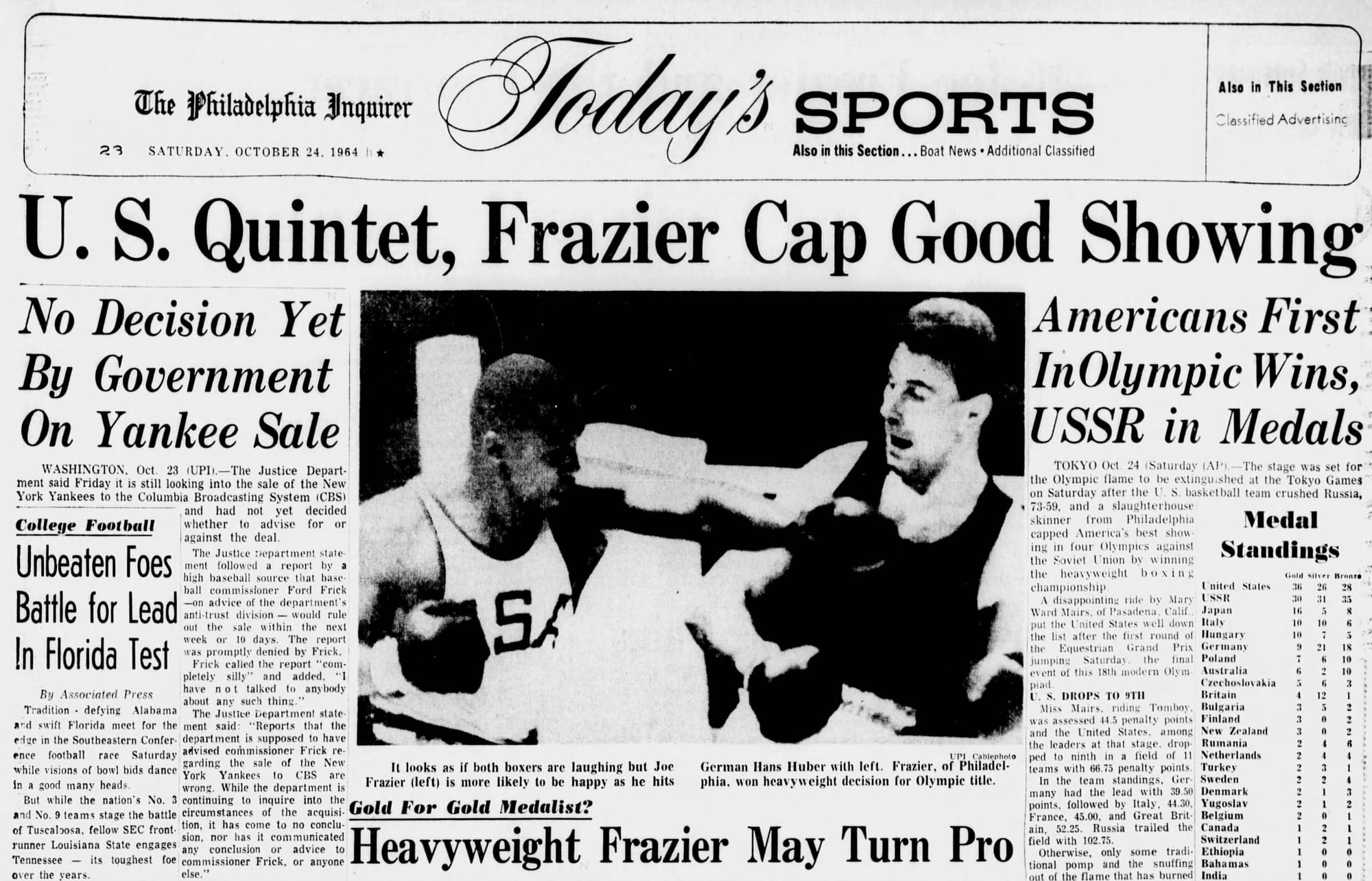 Philadelphia Inquirer, Oct. 24, 1964: Frazier against Hans Huber in the heavyweight final.