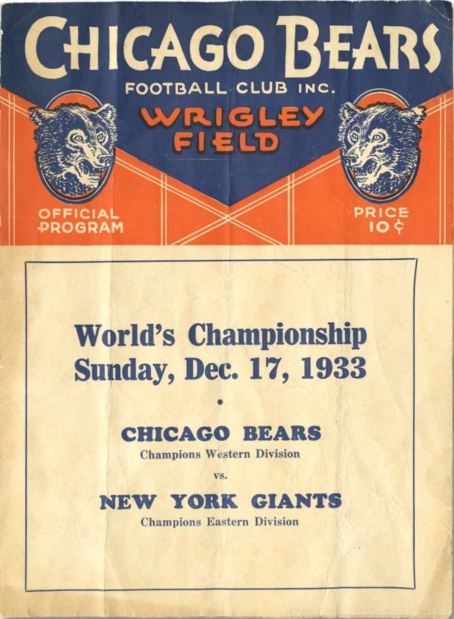The program from the first NFL Championship Game, Dec. 17, 1933, at Wrigley Field. Ten cents.