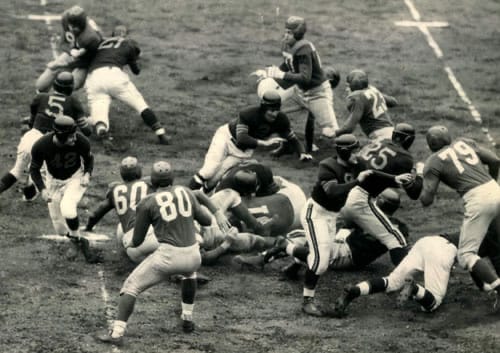 Leather helmets and no face masks: the NFL of the 1940s.