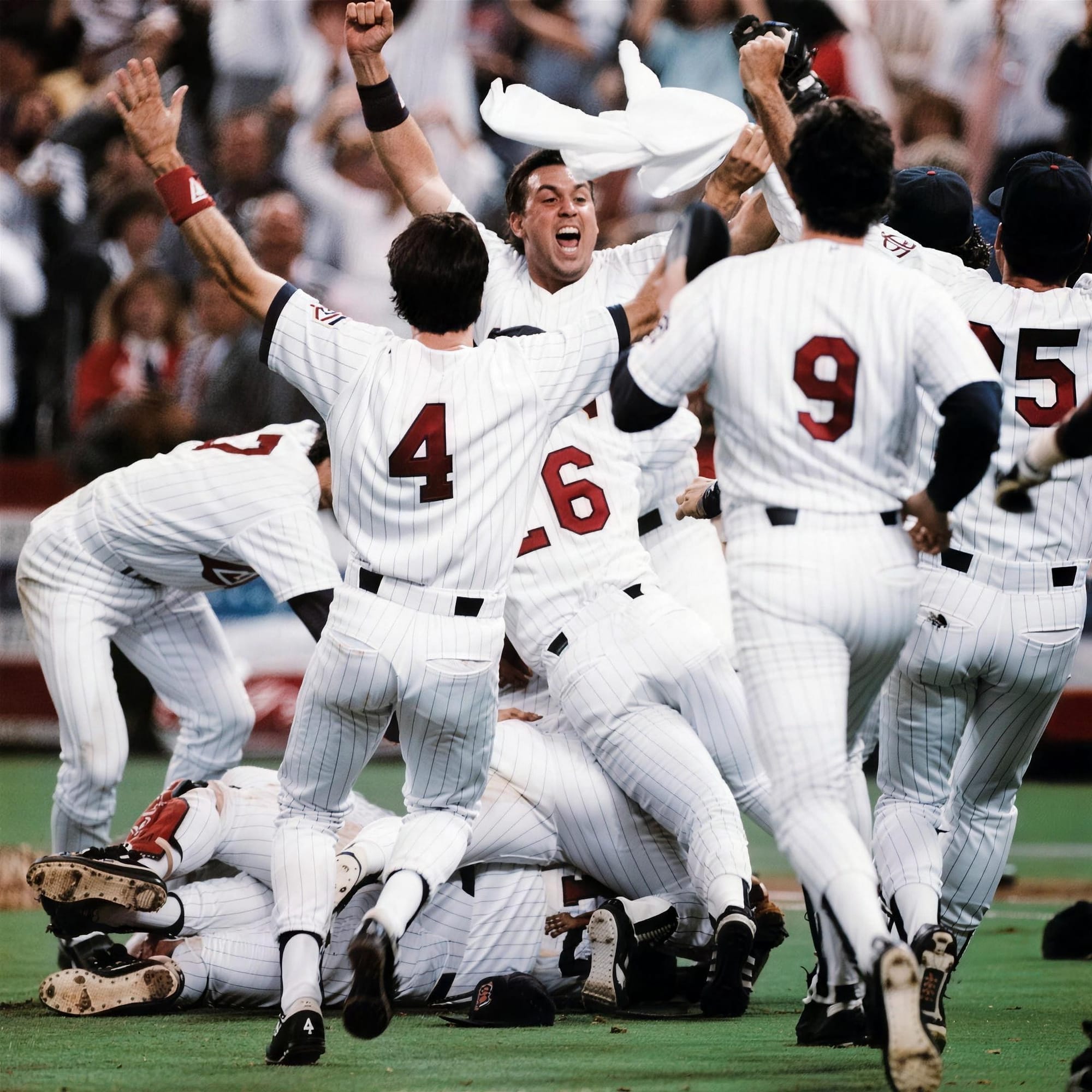 The pile-on after the final out of the 1987 World Series.