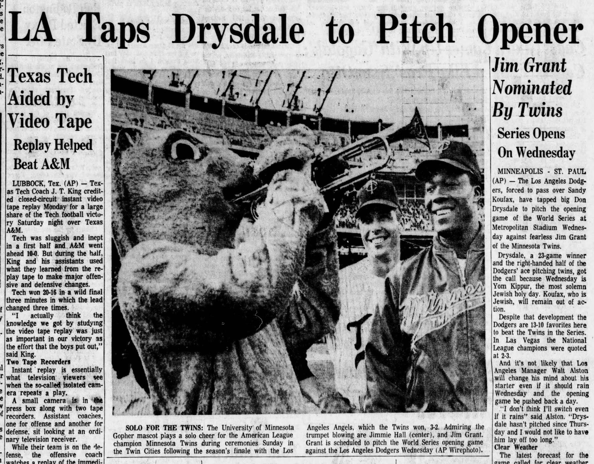 The AP story on the Hartford Courant's sports front, Oct. 5, 1965: the Dodgers were "forced to pass over Sandy Koufax" because "Wednesday is Yom Kippur, the most solemn Jewish holy day."