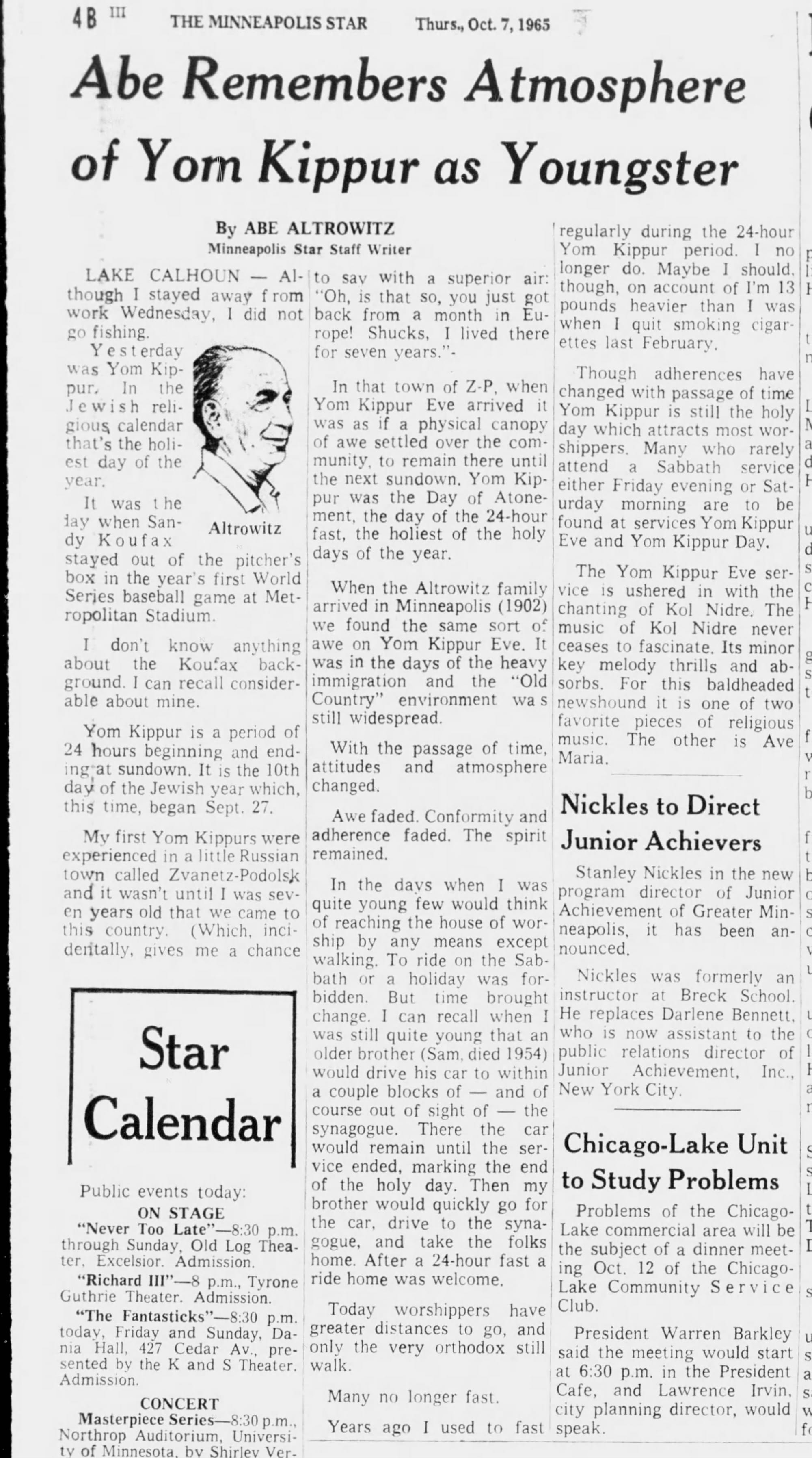 Minneapolis Star columnist Abe Altrowitz wrote about the day "when Sandy Koufax stayed out of the pitcher's box." Oct. 7, 1965.