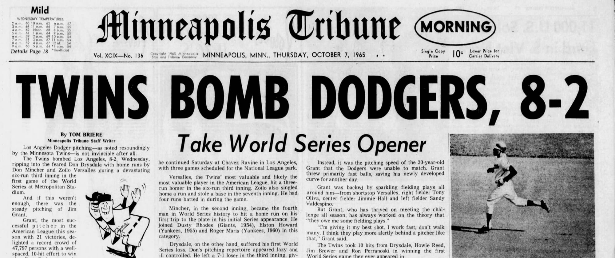 "TWINS BOMB DODGERS, 8-2." Minneapolis Tribune, Oct. 7, 1965.