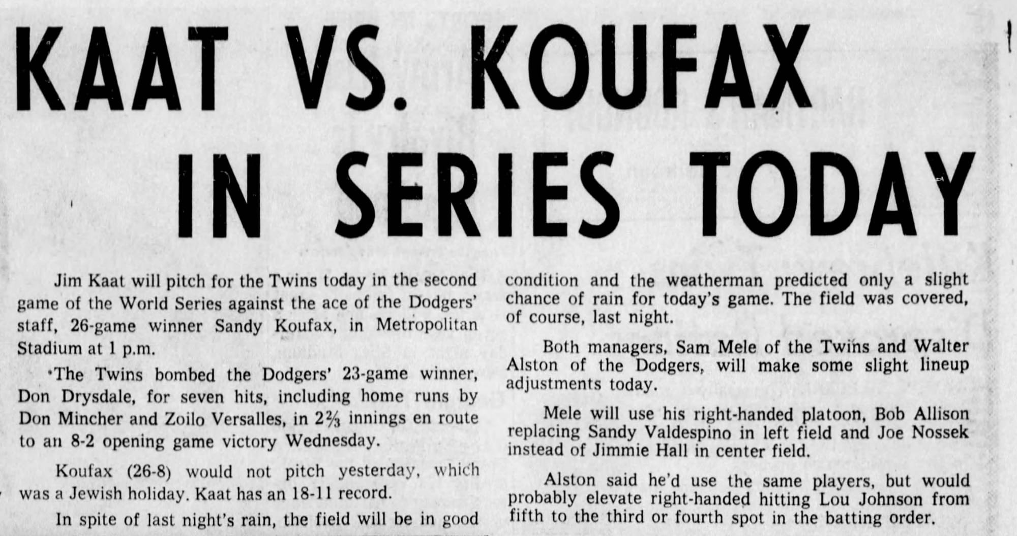 "KAAT VS. KOUFAX IN SERIES TODAY." Minneapolis Tribune sports front, Oct. 7, 1965.