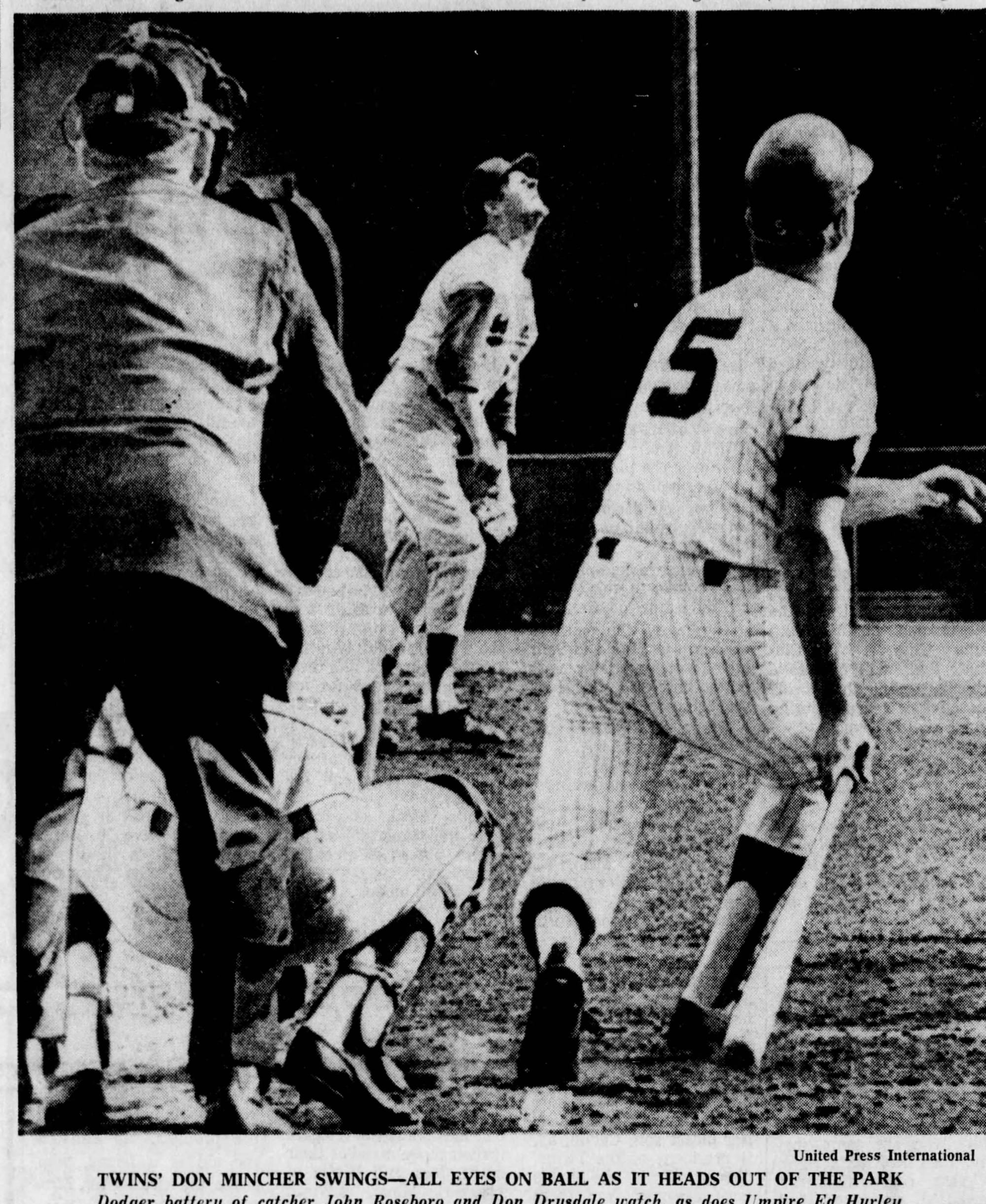 Don Mincher's home run in Game 1. Catcher John Roseboro and Don Drysdale watch it go. (United Press International, in the Minneapolis Tribune, Oct. 7, 1965)