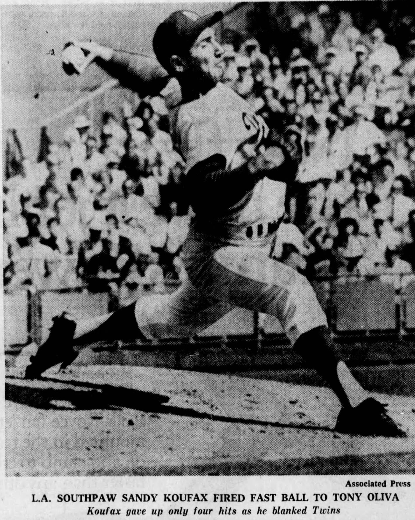 Koufax fires a fastball to Tony Oliva in Game 5. (Associated Press, in the Minneapolis Tribune, Oct. 12, 1965)