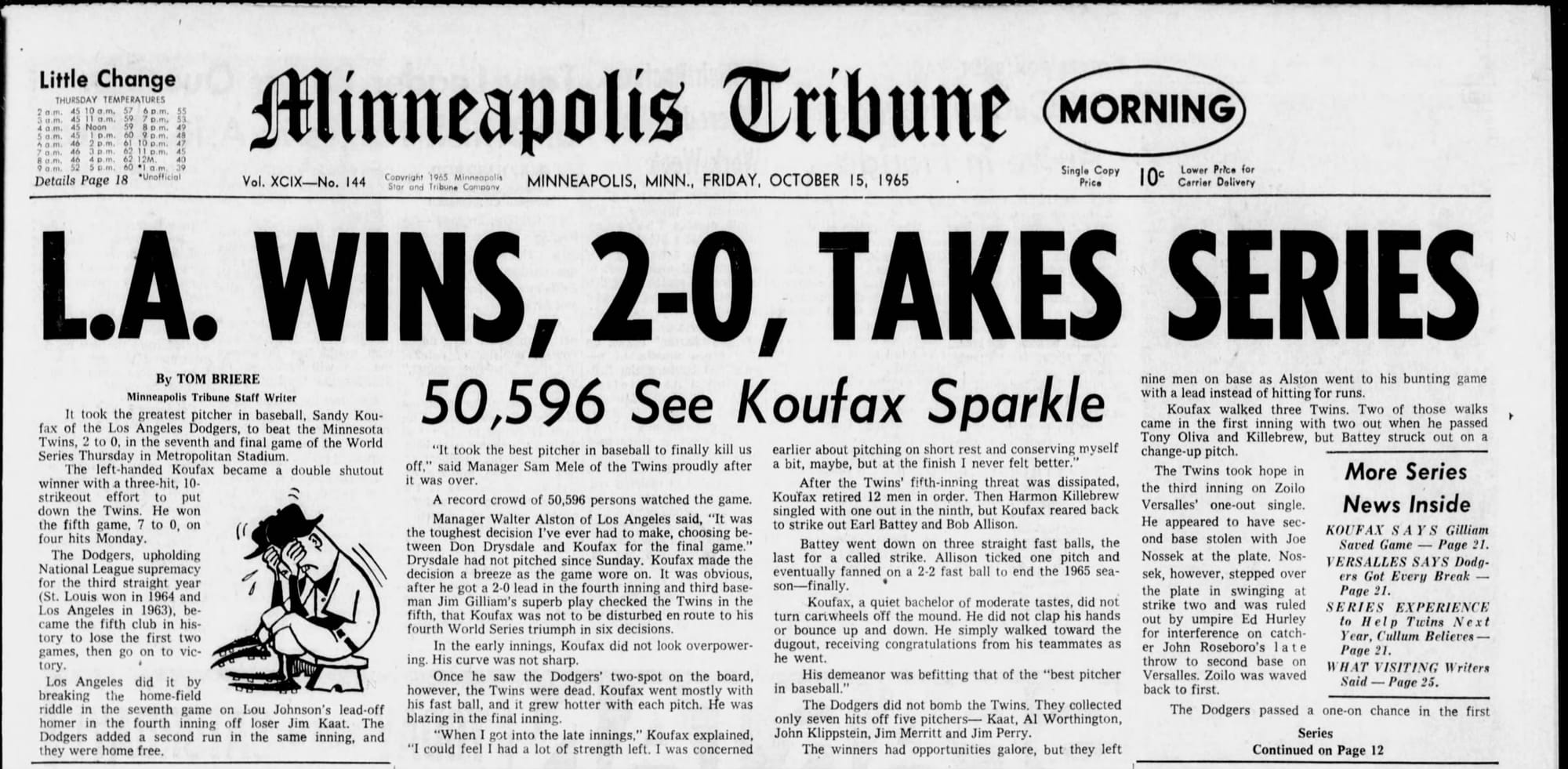 The Minneapolis Tribune's front page the next morning, Oct. 15, 1965.