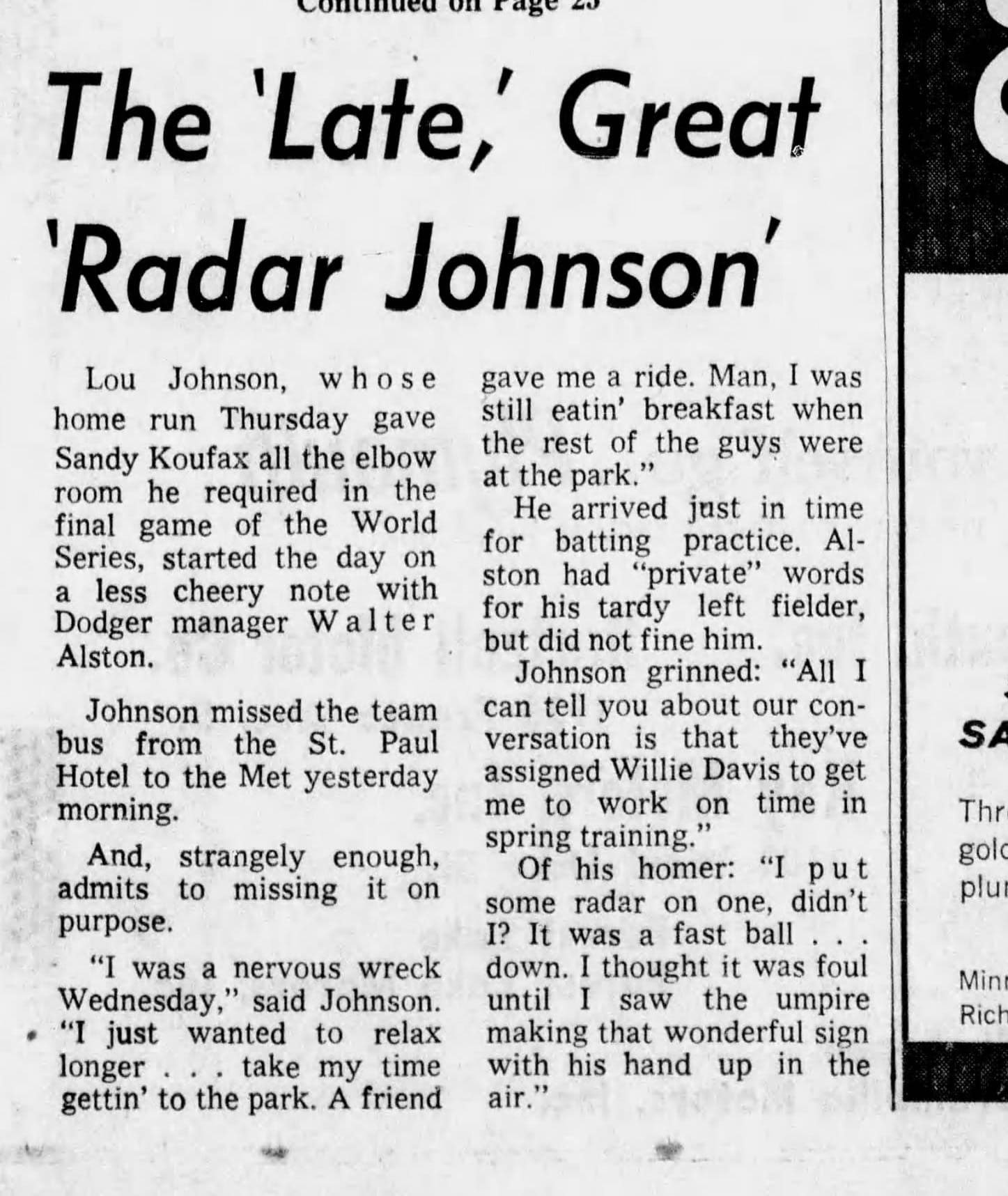 "The 'Late,' Great 'Radar Johnson.'" Minneapolis Tribune, Oct. 15, 1965.