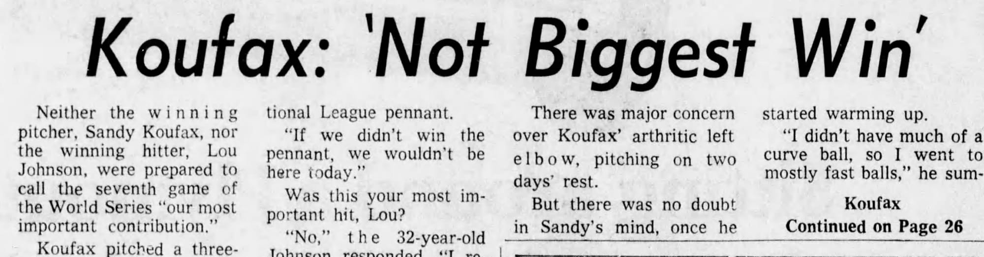 Koufax on his Game 7 stuff, in the Minneapolis Tribune, Oct. 15, 1965.