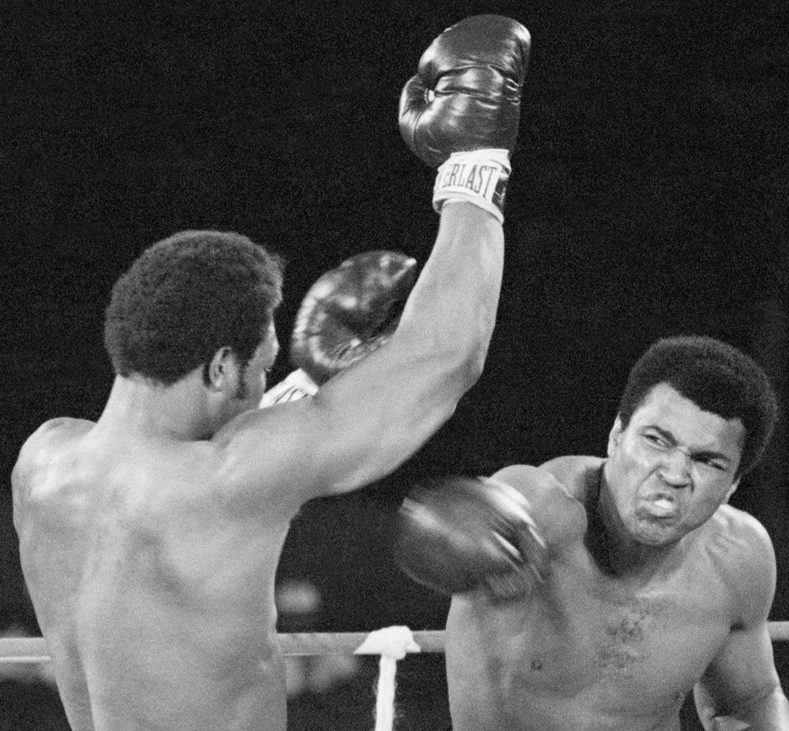 Ali throws a right at Foreman. (UPI photo, via Wikimedia Commons)