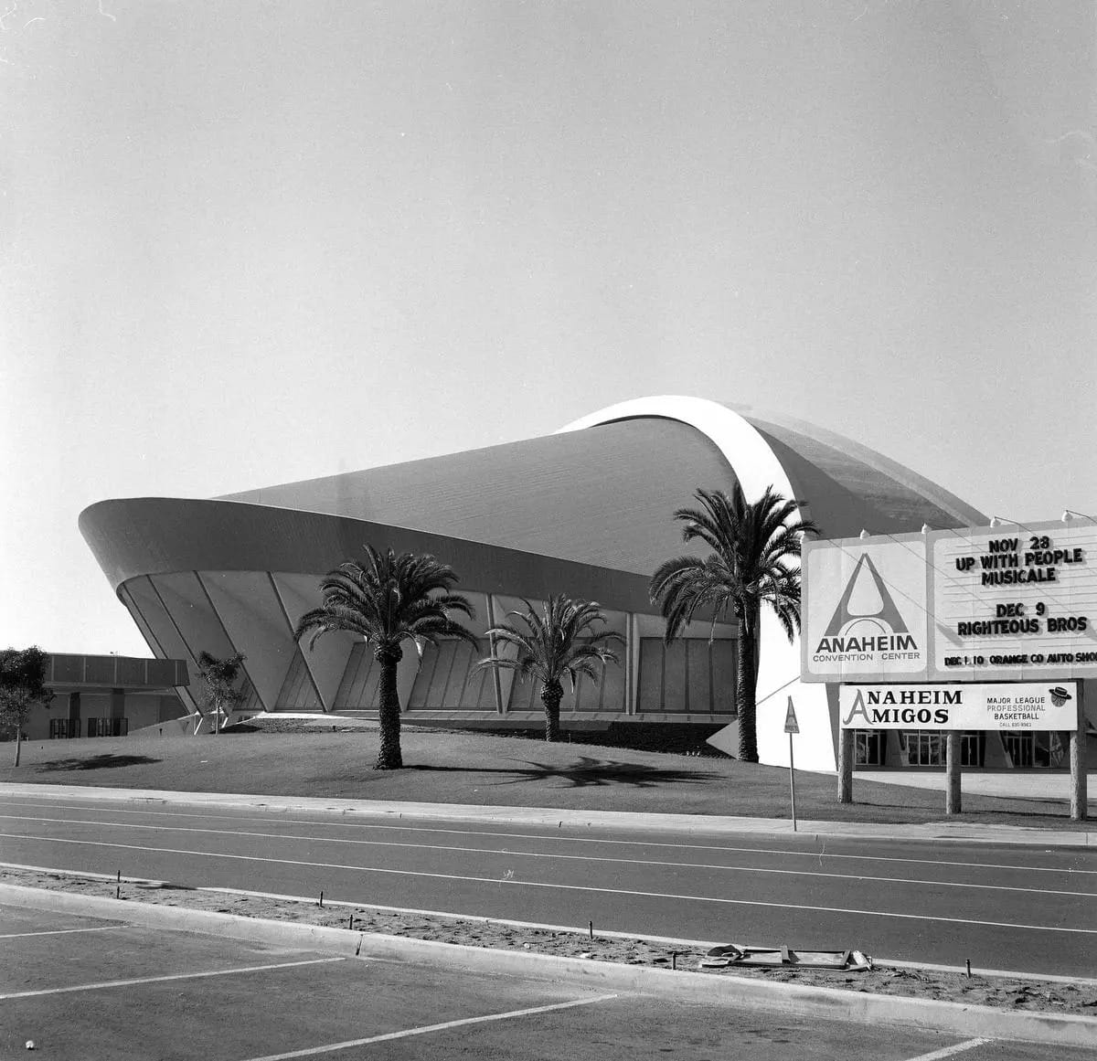 The Amigos' home in Anaheim, with the team's name on the sign out front.