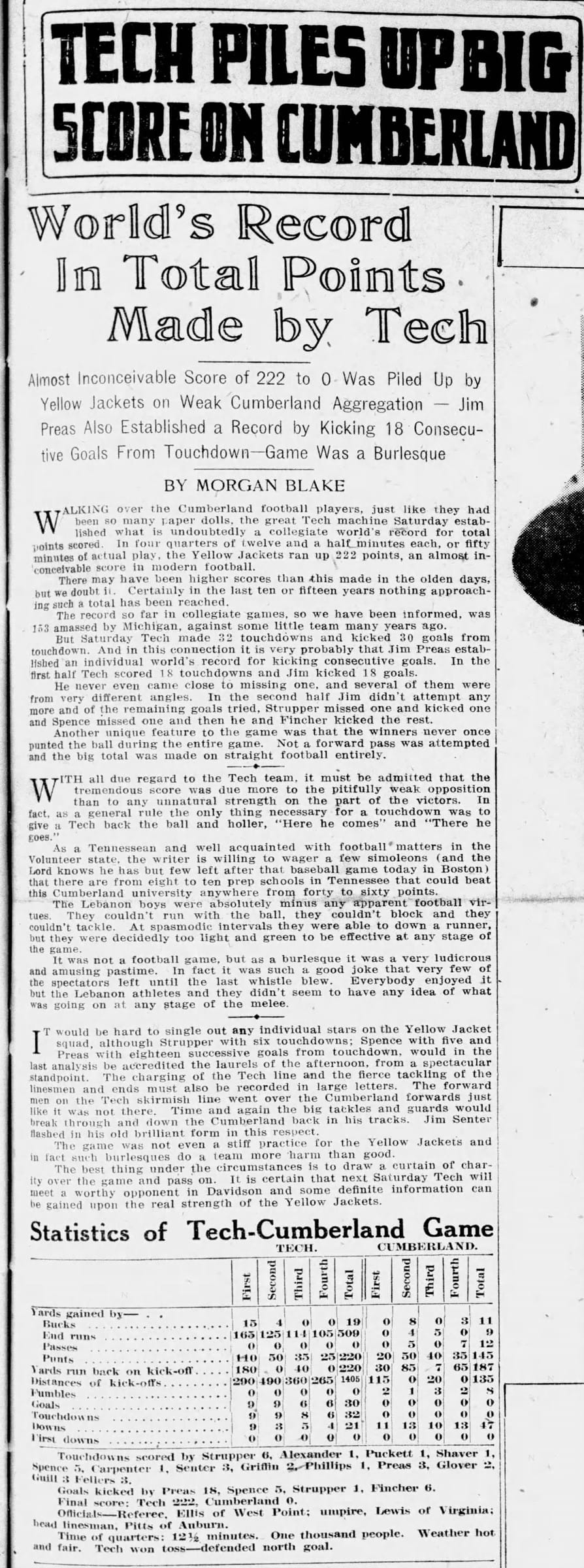 The Atlanta Journal, Oct. 8, 1916: "Tech Piles Up Big Score on Cumberland. World's Record in Total Points Made by Tech." By Morgan Blake.