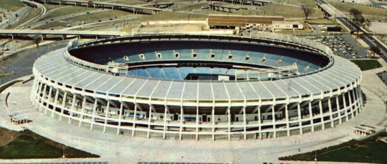 Atlanta Stadium, later Atlanta-Fulton County Stadium, finished in 1965 before it had a major league tenant. (Postcard, Scenic South Card Co.)