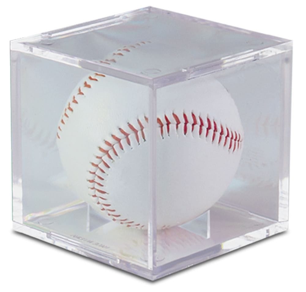 The Ultra Pro UV baseball cube, with a built-in cradle and a slide-in lid.