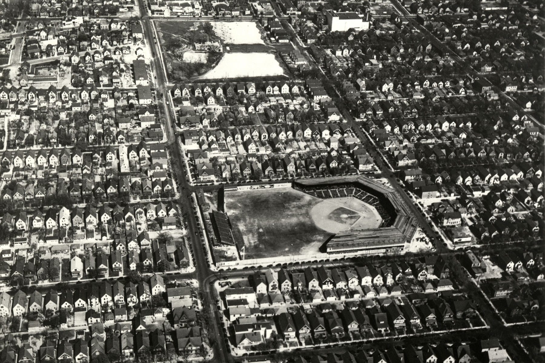 Borchert Field, Milwaukee, from the air. A minor-league baseball park with a football field squeezed into it.