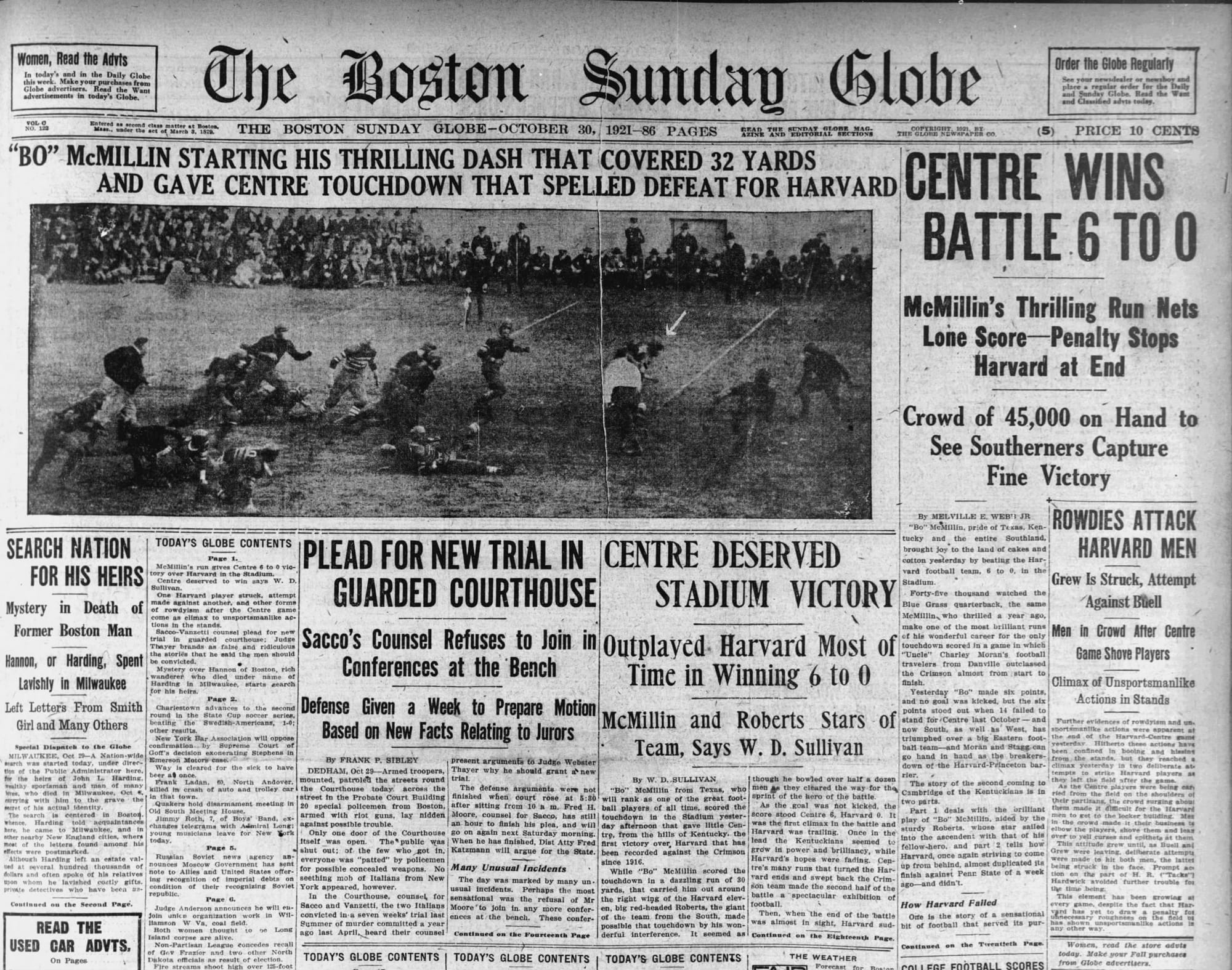“Centre Wins Battle 6 to 0.” The Boston Sunday Globe front page the next morning. (The Boston Sunday Globe, Oct. 30, 1921, p. 1, via Newspapers.com)