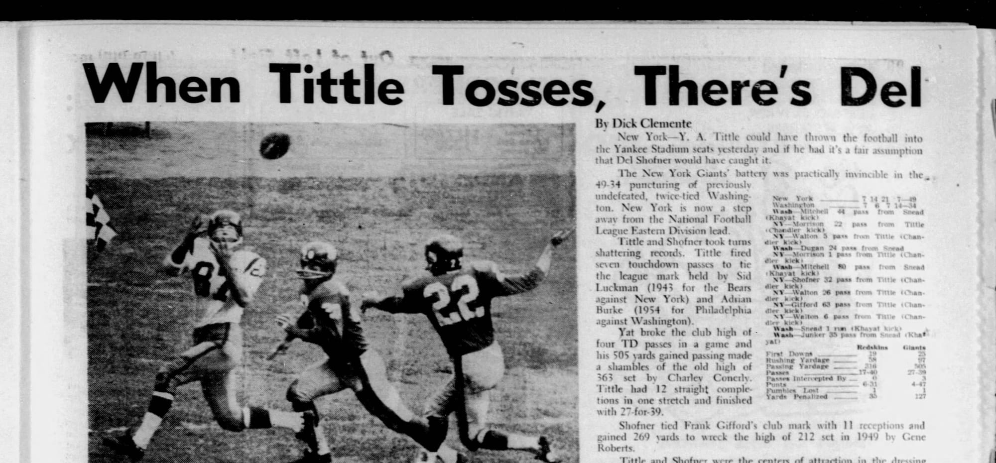 “When Tittle Tosses, There’s Del.” Newsday led with Del Shofner, who caught 11 passes for 269 yards. The photo is Dugan’s touchdown catch. (Newsday, Oct. 29, 1962, p. 98, via Newspapers.com)