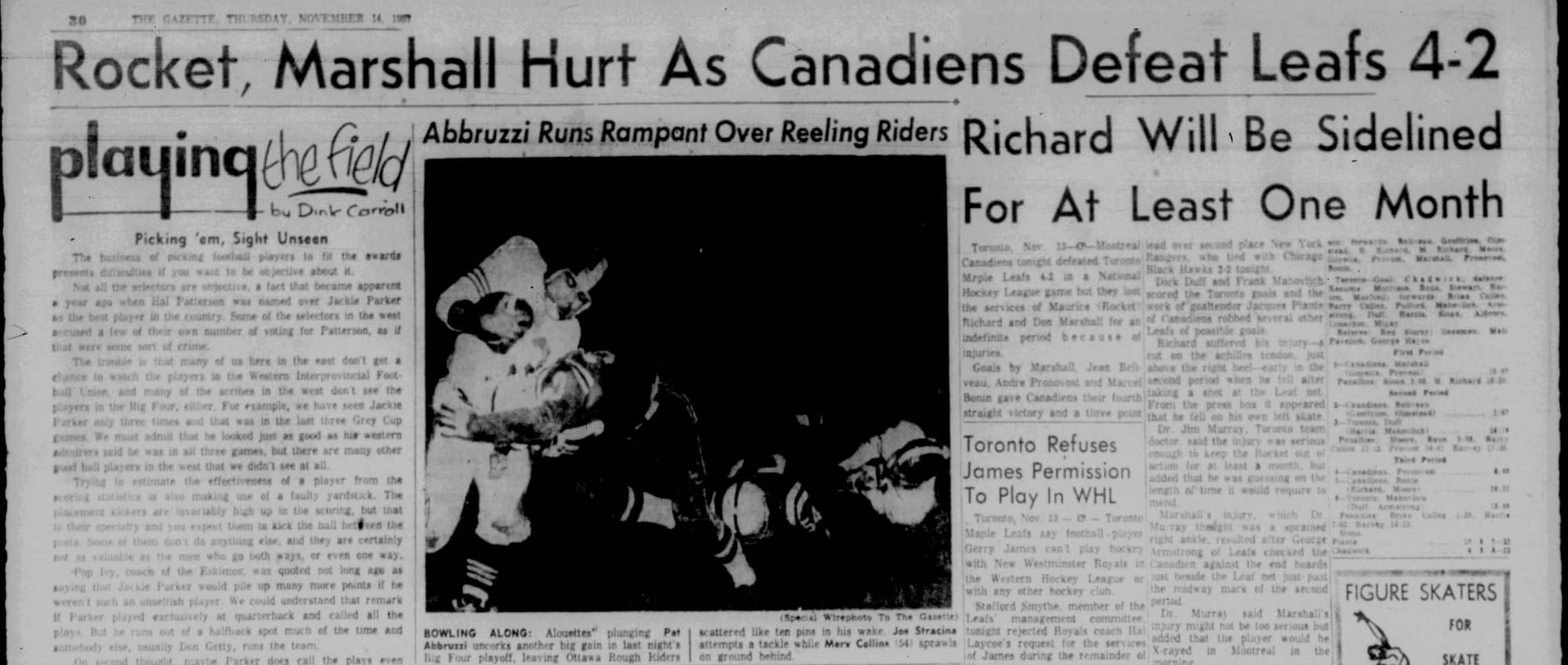 "Rocket, Marshall Hurt As Canadiens Defeat Leafs 4-2. Richard Will Be Sidelined For At Least One Month." It was closer to three. (The Gazette, Montreal, Nov. 14, 1957, p. 30, via Newspapers.com)