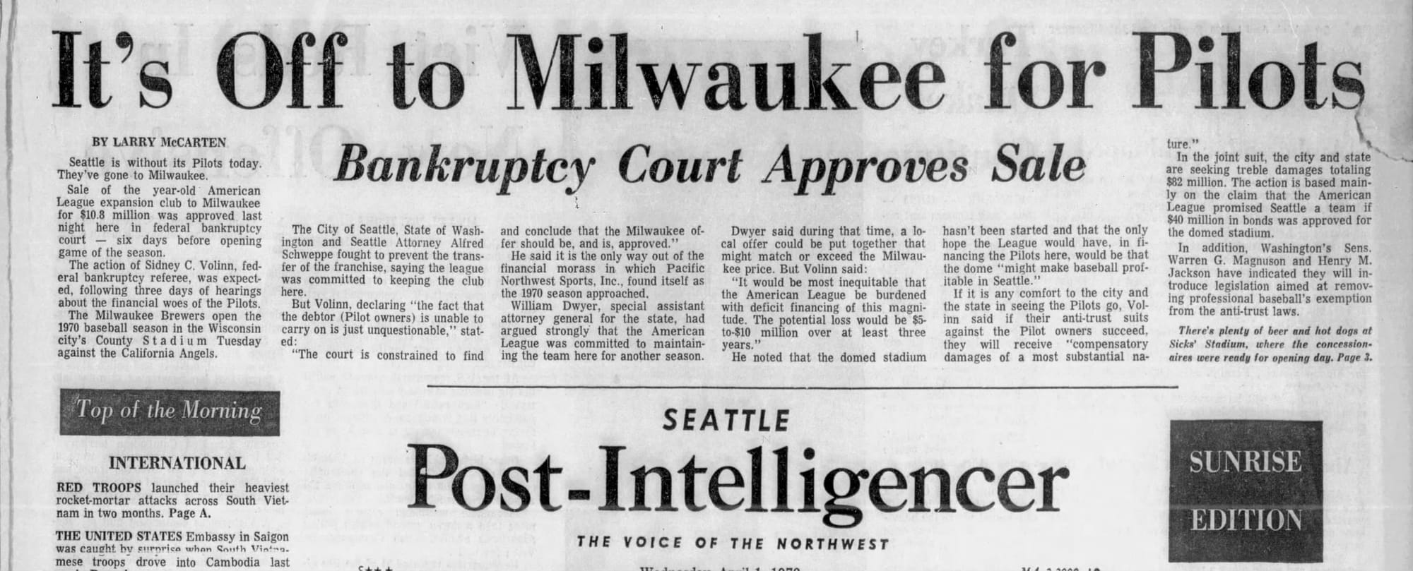 The view from Seattle: "It's Off to Milwaukee for Pilots." (Seattle Post-Intelligencer, April 1, 1970, p. 1, via Newspapers.com)
