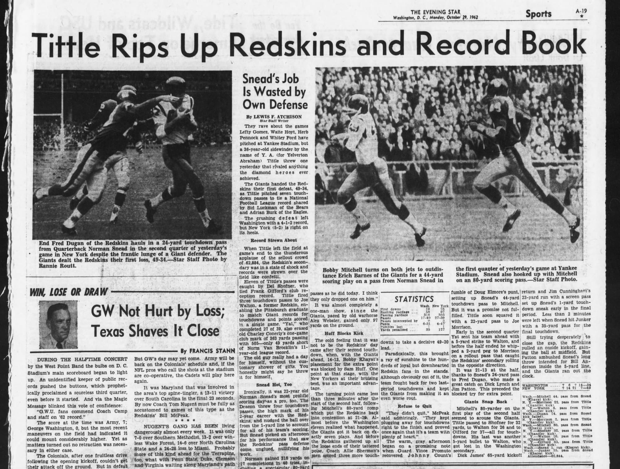 “Tittle Rips Up Redskins and Record Book.” Washington’s Fred Dugan hauls in a touchdown pass from Norm Snead. (Evening Star, Washington, Oct. 29, 1962, p. A-19, via Newspapers.com)