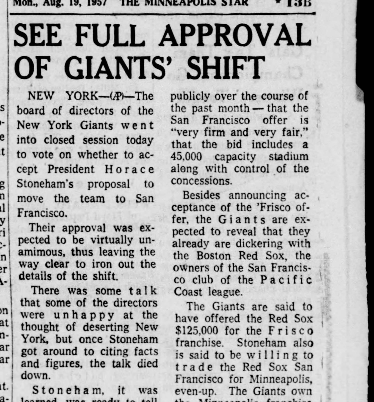 The Minneapolis Star reports the Giants' board vote, Aug. 19, 1957. The front of the sports section that day read: "Matter of Million Dollars Kept Giants From Minneapolis." (Minneapolis Star, via Newspapers.com)