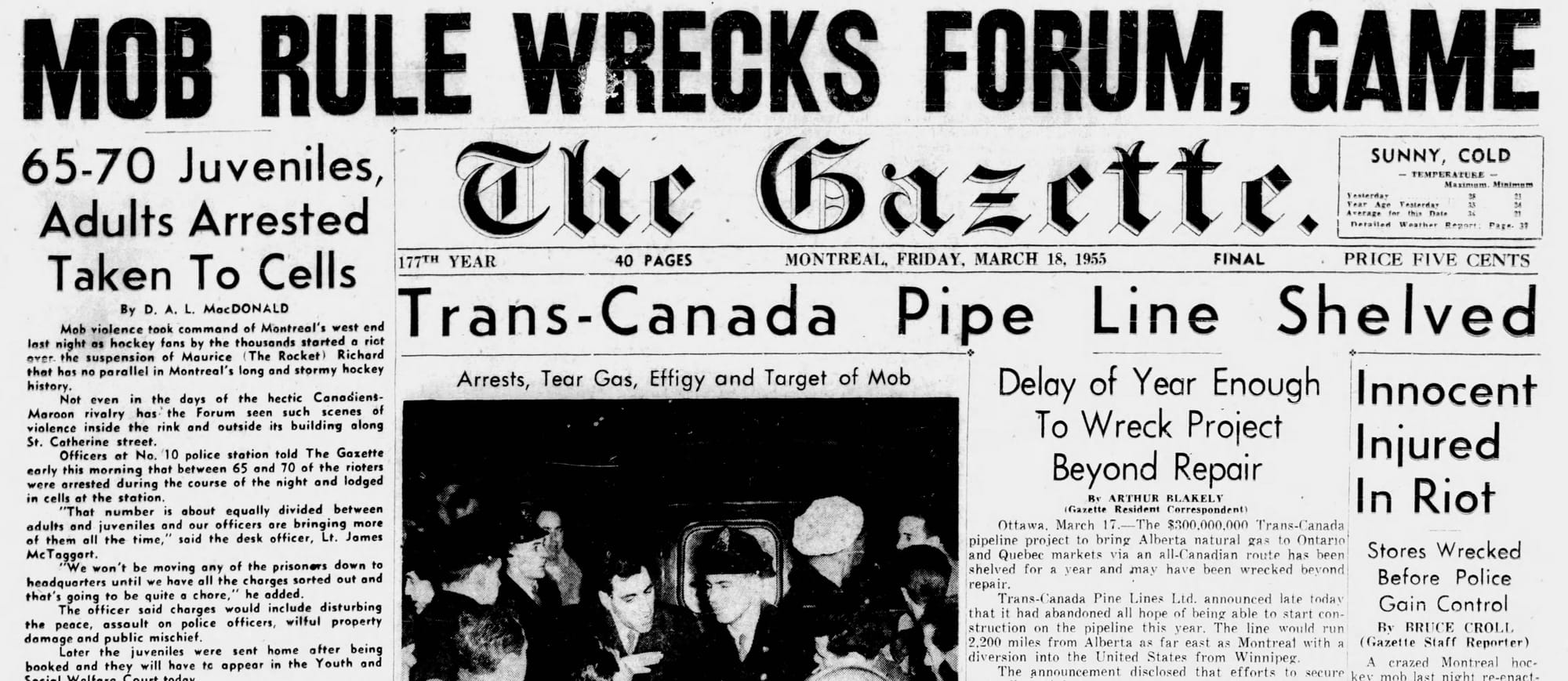 "Mob Rule Wrecks Forum, Game." The Gazette's front page the morning after the riot. (The Gazette, Montreal, March 18, 1955, p. 1, via Newspapers.com)