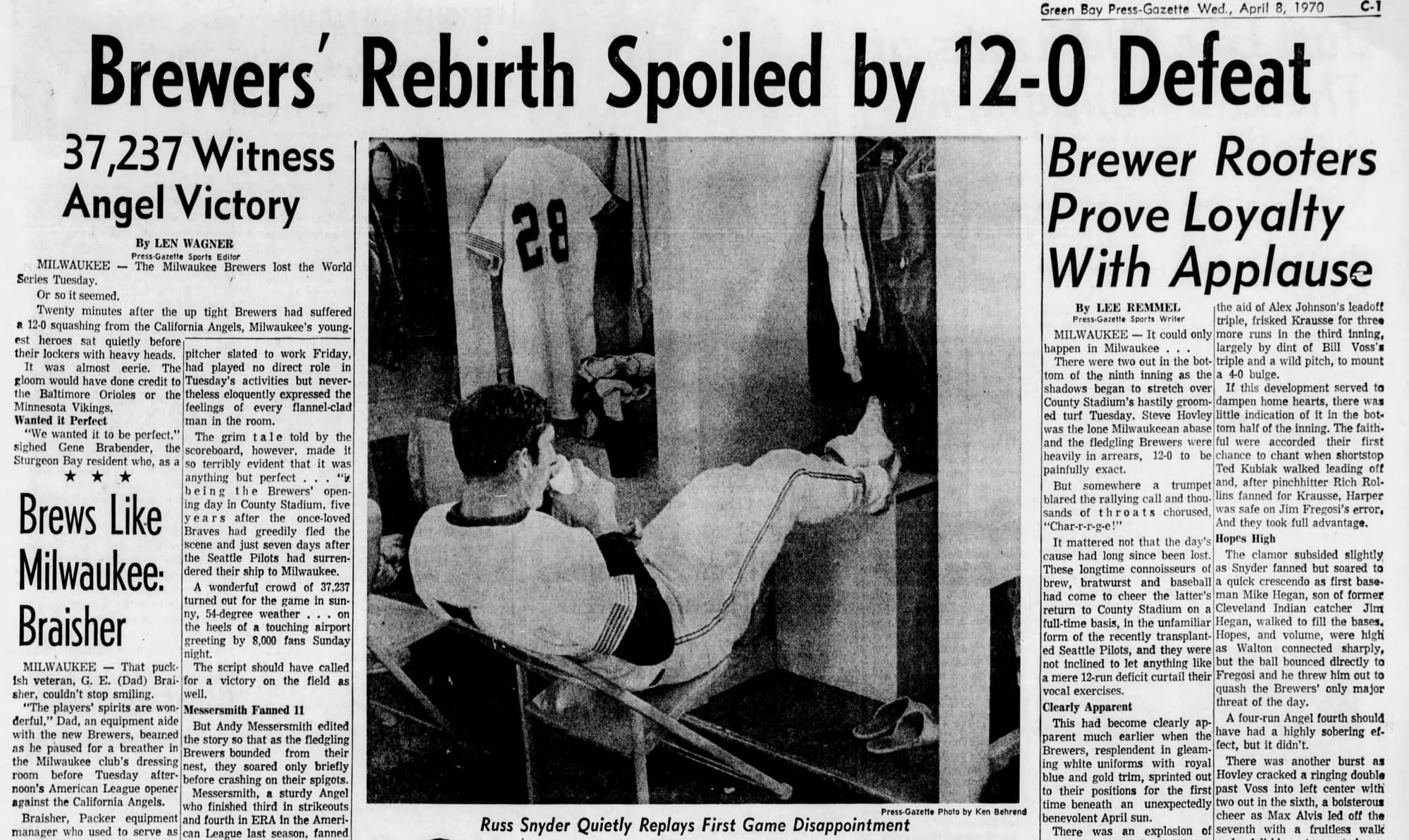 "Brewers' Rebirth Spoiled by 12-0 Defeat." 37,237 came anyway. (Green Bay Press-Gazette, April 8, 1970, p. 19, via Newspapers.com)