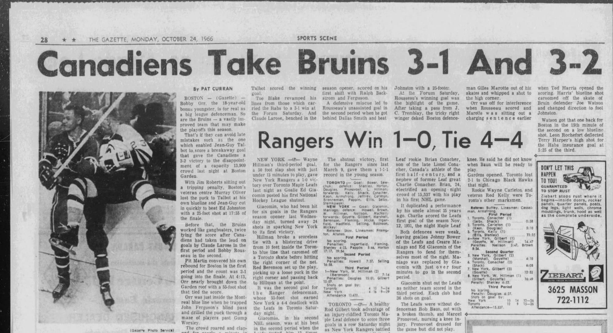 "Canadiens Take Bruins 3-1 And 3-2." Montreal swept the weekend home-and-home. (The Gazette, Montreal, Oct. 24, 1966, p. 28, via Newspapers.com)